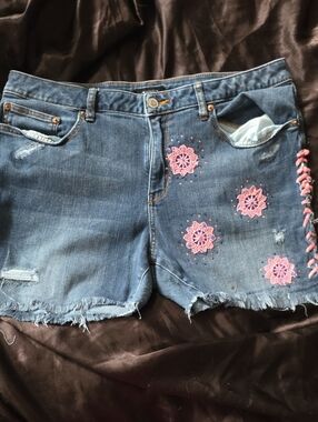 Blue Denim Jean Shorts with Pink Crochet Accents